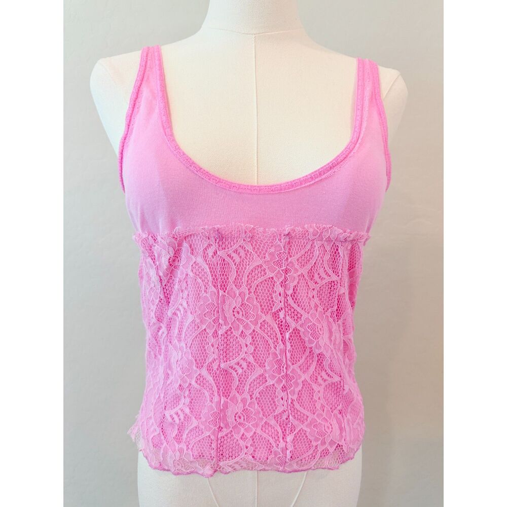 Free People Pink Lace Corset Cami Tank Top Button Back Boho Size Medium